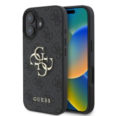 Guess Originální zadní kryt PU 4G Metal Logo pro iPhone 16 Grey