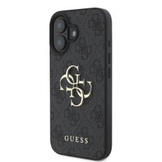 Guess Originální zadní kryt PU 4G Metal Logo pro iPhone 16 Grey