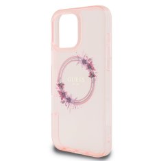 Guess Zadní kryt IML Flowers Ring MagSafe pro iPhone 16 Pro Pink