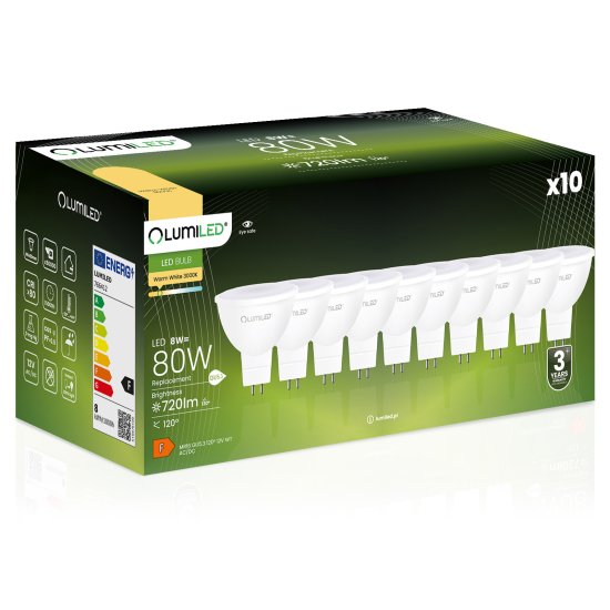 LUMILED 10x LED žárovka GU5.3 MR16 8W = 80W 720lm 3000K Teplá bílá 120° 12V