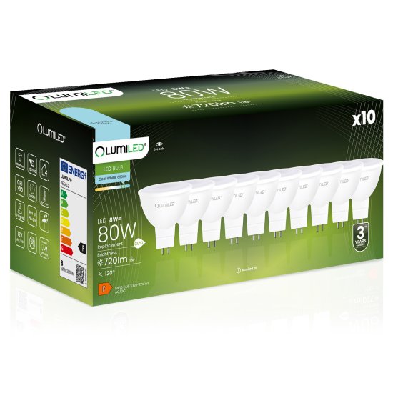 LUMILED 10x LED žárovka GU5.3 MR16 8W = 80W 720lm 6500K Studená bílá 120° 12V