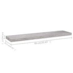 Vidaxl Plovoucí nástěnné police 2 ks betonově šedé 90x23,5x3,8 cm MDF