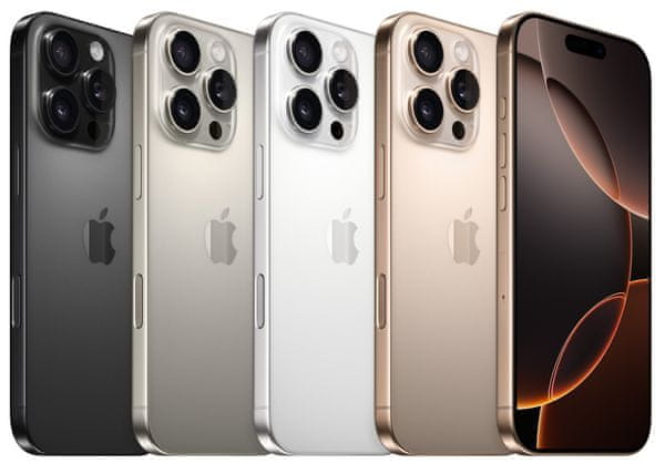 Apple iPhone 16 Pro, supervýkonný procesor, strojové učení, A18 Pro, velký displej, trojitý zadní ultraširokoúhlý fotoaparát, přední fotoaparát, 48 Mpx, 12 Mpx, IP68, voděodolný, Face ID, Dolby Atmos