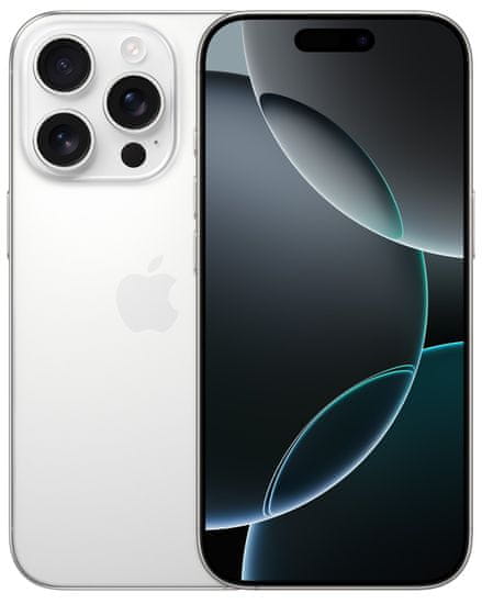 Apple iPhone 16 Pro, supervýkonný procesor, strojové učení, A18 Pro, velký displej, trojitý zadní ultraširokoúhlý fotoaparát, přední fotoaparát, 48 Mpx, 12 Mpx, IP68, voděodolný, Face ID, Dolby Atmos