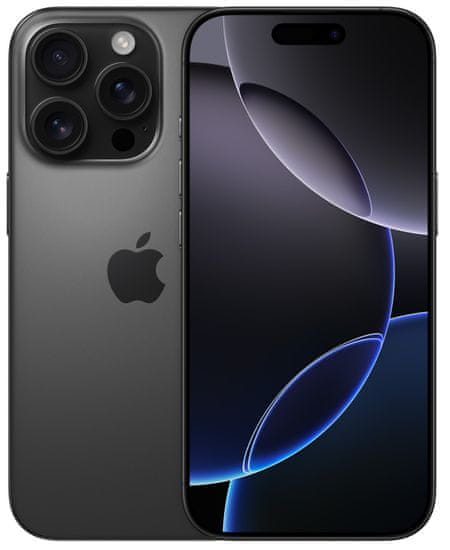 Apple iPhone 16 Pro, supervýkonný procesor, strojové učení, A18 Pro, velký displej, trojitý zadní ultraširokoúhlý fotoaparát, přední fotoaparát, 48 Mpx, 12 Mpx, IP68, voděodolný, Face ID, Dolby Atmos