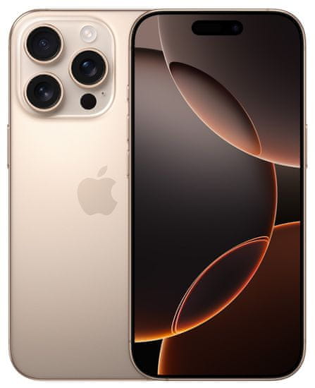 Apple iPhone 16 Pro, supervýkonný procesor, strojové učení, A18 Pro, velký displej, trojitý zadní ultraširokoúhlý fotoaparát, přední fotoaparát, 48 Mpx, 12 Mpx, IP68, voděodolný, Face ID, Dolby Atmos