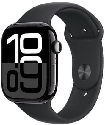 Chytré hodinky Apple Watch Series 10 gps Apple Pay Retina displej voděodolnost WR50 pro plavání detekce autonehody nové funkce fáze spánku SOS volání krytí proti prachu akcelerometr GPS stále zapnutý EKG monitorování tepu srdeční činnosti volání notifikace NFC platby Apple Pay hluk App Store Senzor pro snímání okysličení krve měření fyzické kondice VO2 max ovládání dvojitým poklepáním