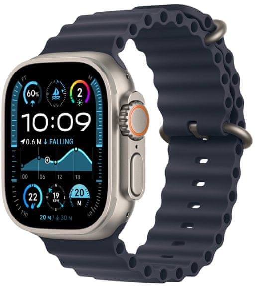 Chytré hodinky Apple Watch Ultra 2 GPS + Cellular, 49mm, Retina displej stále zapnutý EKG monitorování tepu srdeční činnosti streaming hudby volání notifikace NFC platby Apple Pay hluk App Store Senzor pro snímání okysličení krve měření fyzické kondice VO2 max siréna ovulace titanové pouzdro 100 metrů voděodolné MIL-STD 810H EN13319 ovládání dvojitým poklepem