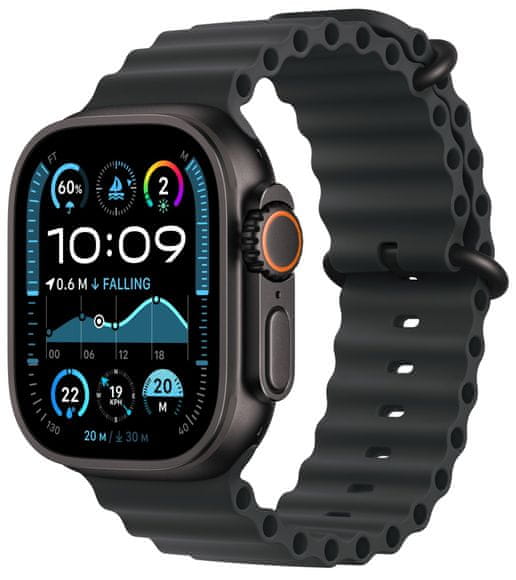 Chytré hodinky Apple Watch Ultra 2 GPS + Cellular, 49mm, Retina displej stále zapnutý EKG monitorování tepu srdeční činnosti streaming hudby volání notifikace NFC platby Apple Pay hluk App Store Senzor pro snímání okysličení krve měření fyzické kondice VO2 max siréna ovulace titanové pouzdro 100 metrů voděodolné MIL-STD 810H EN13319 ovládání dvojitým poklepem