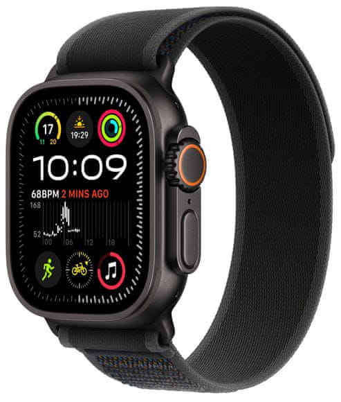 Chytré hodinky Apple Watch Ultra 2 GPS + Cellular, 49mm, Retina displej stále zapnutý EKG monitorování tepu srdeční činnosti streaming hudby volání notifikace NFC platby Apple Pay hluk App Store Senzor pro snímání okysličení krve měření fyzické kondice VO2 max siréna ovulace titanové pouzdro 100 metrů voděodolné MIL-STD 810H EN13319 ovládání dvojitým poklepem