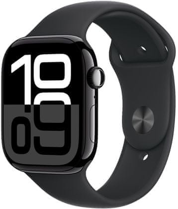 Chytré hodinky Apple Watch Series 10 gps Apple Pay Retina displej voděodolnost WR50 pro plavání detekce autonehody nové funkce fáze spánku SOS volání krytí proti prachu akcelerometr GPS stále zapnutý EKG monitorování tepu srdeční činnosti volání notifikace NFC platby Apple Pay hluk App Store Senzor pro snímání okysličení krve měření fyzické kondice VO2 max ovládání dvojitým poklepáním