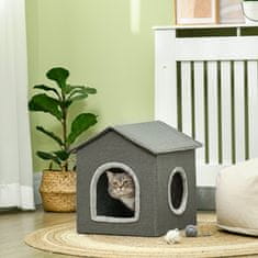 PAWHUT Cat Cave Útulný Domeček Pro Kočky Se Dvěma Dvířky, Polštářky, Pelíšek Pro Kočky Do 5 Kg, Polyester V Šedé Barvě 