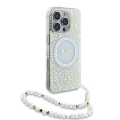 Guess Originální zadní kryt IML Flowers Allover Electro with Pearl Strap Magsafe GUHMP16XHCPOFPH pro iPhone 16 Pro Max white