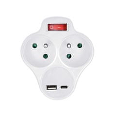 Solight  Zásuvka rozbočovací s USB A+C rychlonabíječkou 20W PD, 2 x 10A, bílá, vypínač