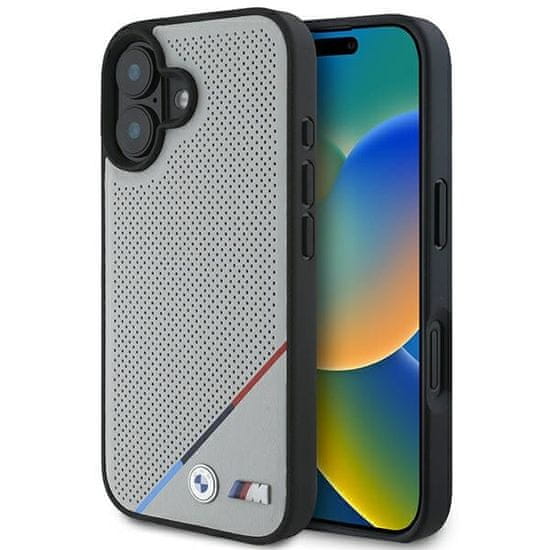 Bmw Originální zadní kryt M Perproated Tricolor Line Magsafe BMHMP16S23PUPDG pro iPhone 16 Grey