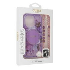 Guess Originální zadní kryt IML Flowers with Pearl Strap Magsafe GUHMP16LHFWBRCESU pro iPhone 16 Pro purple