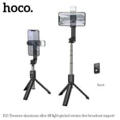 Hoco Selfie tyč Tripod Hoco (K15), BT 4.0, 1/4 šroubové rozhraní, dálkový ovladač Bluetooth, lehký, 80 cm – černý