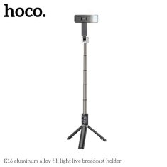 Hoco Selfie tyč Tripod Hoco (K16), BT 4.0, s bezdrátovým Bluetooth dálkovým ovladačem a světlem, 80 cm – Černá