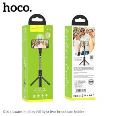 Hoco Selfie tyč Tripod Hoco (K16), BT 4.0, s bezdrátovým Bluetooth dálkovým ovladačem a světlem, 80 cm – Černá