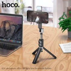 Hoco Selfie tyč Tripod Hoco (K16), BT 4.0, s bezdrátovým Bluetooth dálkovým ovladačem a světlem, 80 cm – Černá