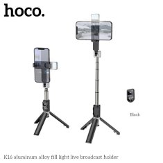 Hoco Selfie tyč Tripod Hoco (K16), BT 4.0, s bezdrátovým Bluetooth dálkovým ovladačem a světlem, 80 cm – Černá