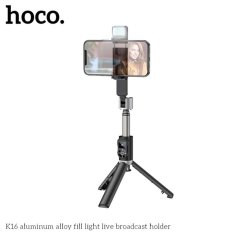 Hoco Selfie tyč Tripod Hoco (K16), BT 4.0, s bezdrátovým Bluetooth dálkovým ovladačem a světlem, 80 cm – Černá