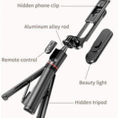 Techsuit Selfie tyč Tripod Techsuit (L15) – Přenosný stabilní stativ, Odnímatelné LED světlo s bezdrátovým dálkovým ovládáním, 114 cm – Černá