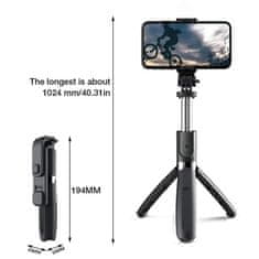 Techsuit Selfie tyč Tripod Techsuit (L02s) - Stabilní stativ s dálkovým ovládáním Bluetooth a výplňovým světlem, nerezová ocel, 104 cm - černá