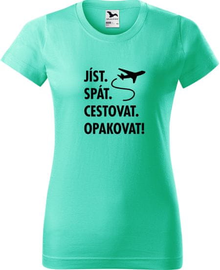 Hobbytriko Dámské cestovatelské tričko - Jíst. Spát. Cestovat. Opakovat! Barva: Tyrkysová (44), Velikost: S, Střih: dámský