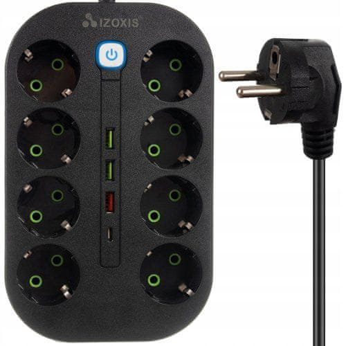 Izoksis 24460 Prodlužovací přívod, 8 zásuvek, 4 x USB, 2 m, černá