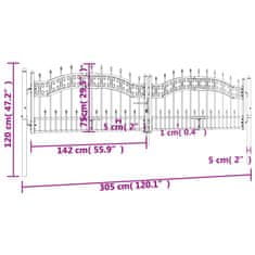 Vidaxl Plotová branka s hroty černá 305x120 cm práškově lakovaná ocel