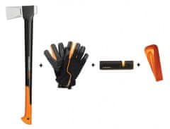 Fiskars Set sekera X32 + klín + ostřič + rukavice 4ks