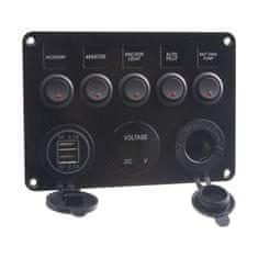 Stualarm Panel s 5x spínači, CL, voltmetr + 2x USB zásuvka, 12/24V (47170)