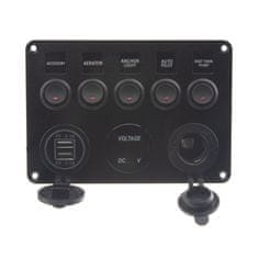 Stualarm Panel s 5x spínači, CL, voltmetr + 2x USB zásuvka, 12/24V (47170)