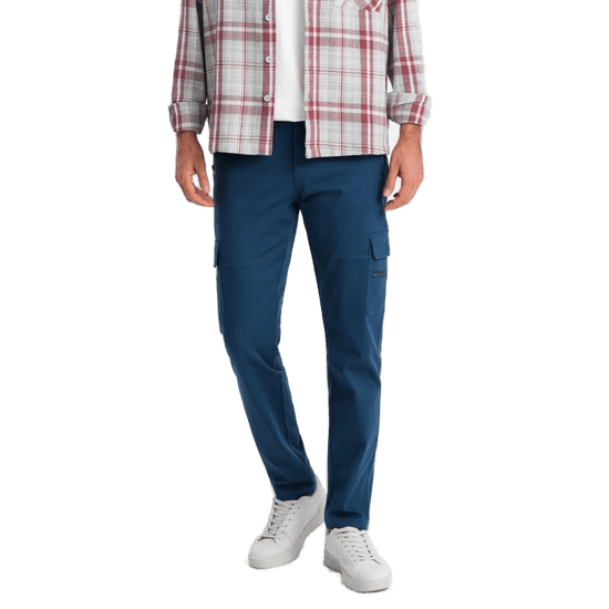 OMBRE Pánské cargo kalhoty STRAIGHT LEG s kapsami na zip tmavě modré MDN127123