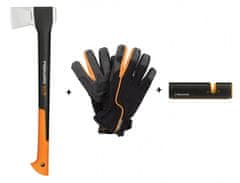 Fiskars Set sekera X24 + ostřič + rukavice 3ks