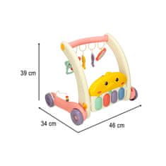WOWO Vzdělávací kočárek Bibi-inn 2v1 s podložkou pod klavír, růžový – multifunkční hračka pro děti, rozvojová pomůcka, kočárek a hudební podložka v jednom.