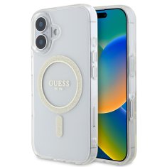 Guess Zadní kryt IML Glitter Ring MagSafe pro iPhone 16 Transparent