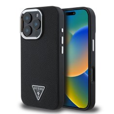 Guess Zadní kryt PU Grained Triangle Logo pro iPhone 16 Pro Black