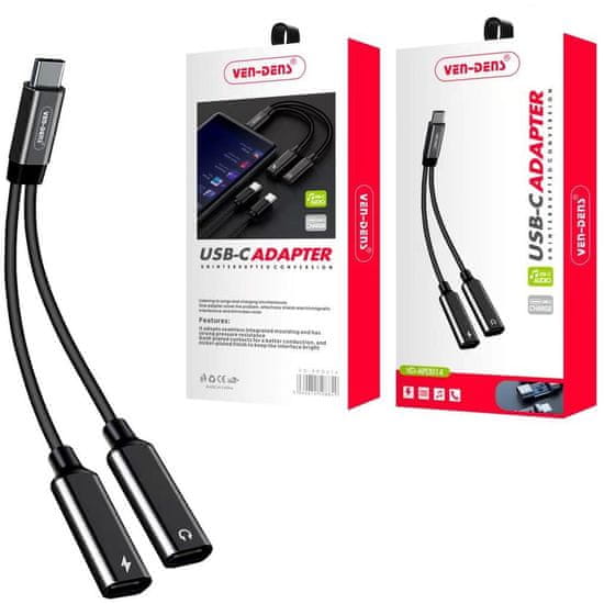 Ven Type-C na Dual USB-C Adaptér pro rychlonabíjení a sluchátkový AUX jack pro Android - Černá KP34022