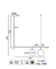 ACA  Stropní závěsné svítidlo THETIS max. 2x 40W/E27/230V/IP20, barva mosazi