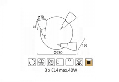 ACA  Přisazené bodové svítidlo KAMET max. 3x40W/E14/230V/IP20