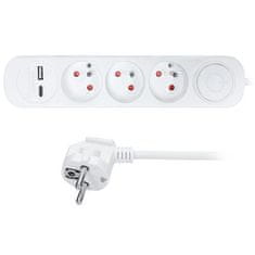 Solight  Prodlužovací přívod 230V/10A - 2m, 3 zásuvky, 2xUSB port A+C, 3 x 1mm2, IP20, vypínač