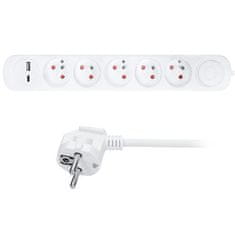 Solight  Prodlužovací přívod 230V/10A - 3m, 5 zásuvek, 2xUSB port A+C, 3 x 1mm2, IP20, vypínač