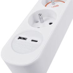 Solight  Prodlužovací přívod 230V/10A - 2m, 3 zásuvky, 2xUSB port A+C, 3 x 1mm2, IP20, vypínač