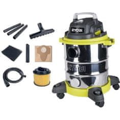 shumee Ryobi 20L šňůrový vysavač na mokré a suché vysávání RVC-1220I-G - 1250 W - nerezová nádrž - 17Kpa - vyprazdňování nádrže