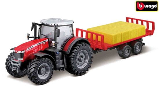 BBurago 10cm Farm tractor Messey Ferguson 8740S s přívěsem na balíky