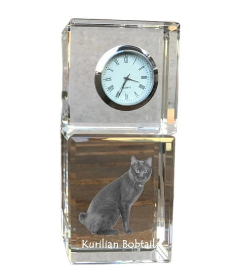 Artdog Kurilský bobtail - křišťálové hodinky s fotkou, fotka kočky v křišťálu, personalizované stolní hodiny od Art-Dog