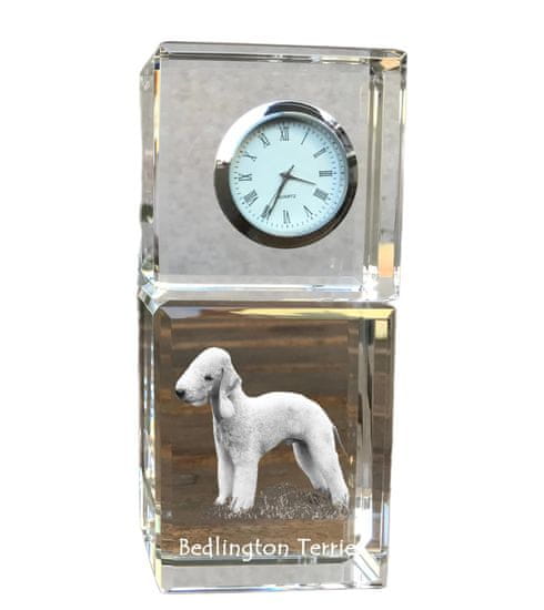 Artdog Bedlington teriér, Rothbury teriér - křišťálové hodinky s fotkou, fotka psa v křišťálu, personalizované stolní hodiny od Art-Dog