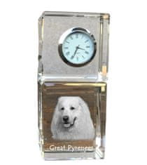 Artdog Pyrenejský horský pes, Velké Pyreneje - křišťálové hodinky s fotkou, fotka psa v křišťálu, personalizované stolní hodiny od Art-Dog